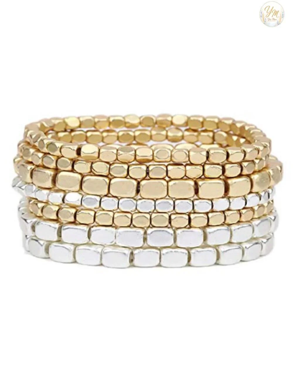 Chunky Multi-Strand Stretch Bead Bracelet Set of 7 - Silver & Gold Stack
